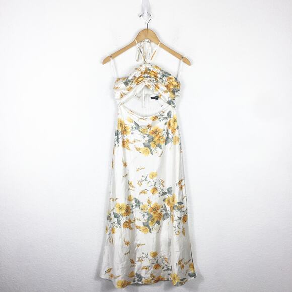 Lulus Unforgettable Moments Ivory Floral Cutout Halter Midi Dress XS Cocktail - Picture 3 of 14
